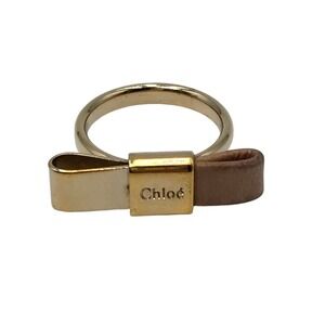 Chloe Bow Ring Gold Tone Metal Tan Leather Logo Engraved Size 5.5 US 51 EU